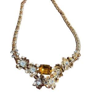 Vtg Kafin New York Gold Tone Floral Choker Necklace With Amber Stone/Crystals!!